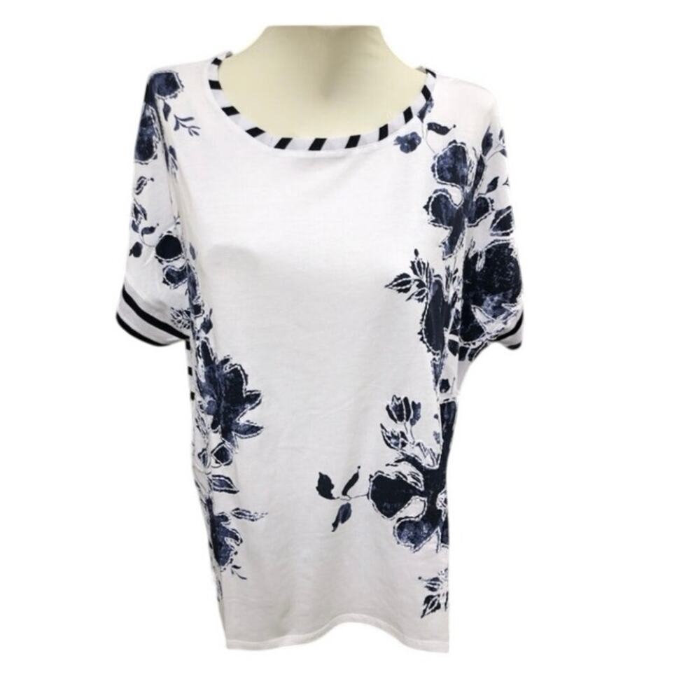 Chico’s Sz 0 White Navy Blue Floral Striped Short Sleeve Luxury Stylish Top| EUC